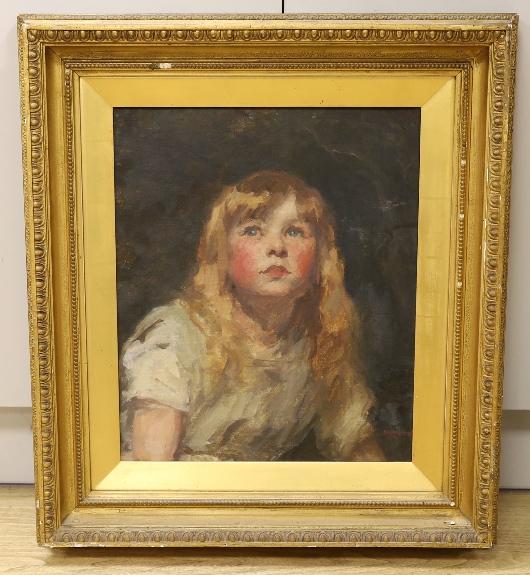 Victorian School, oil on canvas, Portrait of a young girl, indistinctly signed, J Mord..?, 47 x 39cm